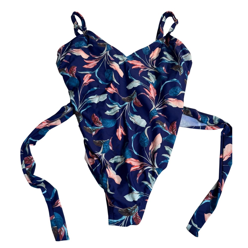 Munah Navy Floral Print‎ One Piece Swimsuit Tie Waist V Neck Women's 22W